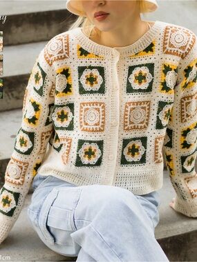 Cream Crochet Square-Panel Cardigan with Green & Brown Accents